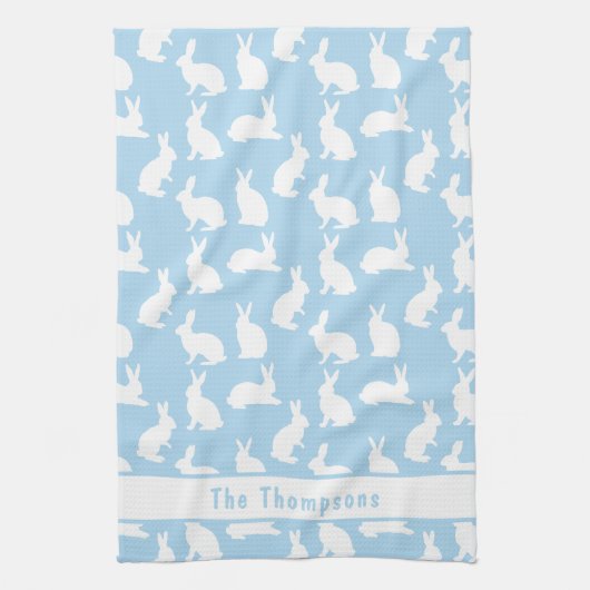 Linge De Cuisine Blue And White Bunny Pattern And Name Easter (Vertical)