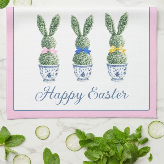 Linge De Cuisine Blue and White Chinoiserie With Rabbit Topiaries (Plié)