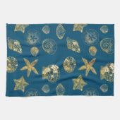 Linge De Cuisine Blue Beach Gold Sea Shells (Horizontal)