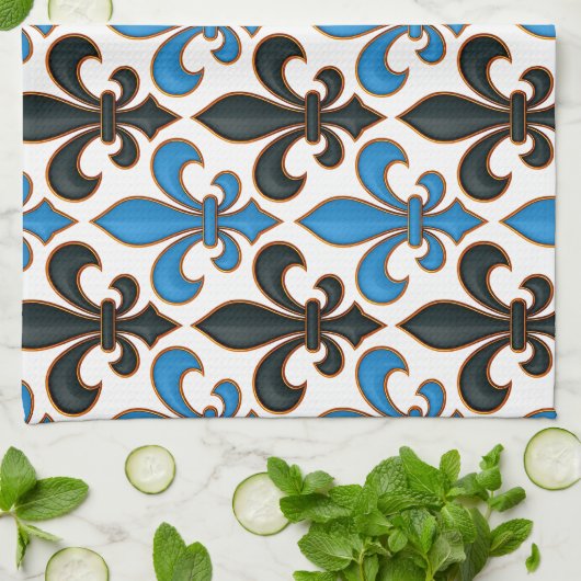 Linge De Cuisine Blue Black Baroque Fleur-de-lis Pattern Design  (Plié)