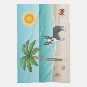 Linge De Cuisine Blue Boston Terrier À Une Plage Tropicale D'Été