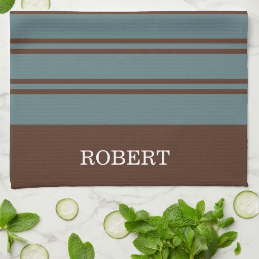 Linge De Cuisine Blue &Brown Abstract Pattern Monogram name (Plié)