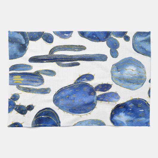 Linge De Cuisine Blue Cactus Art Desert Chic Gold INITIAL Fun (Horizontal)