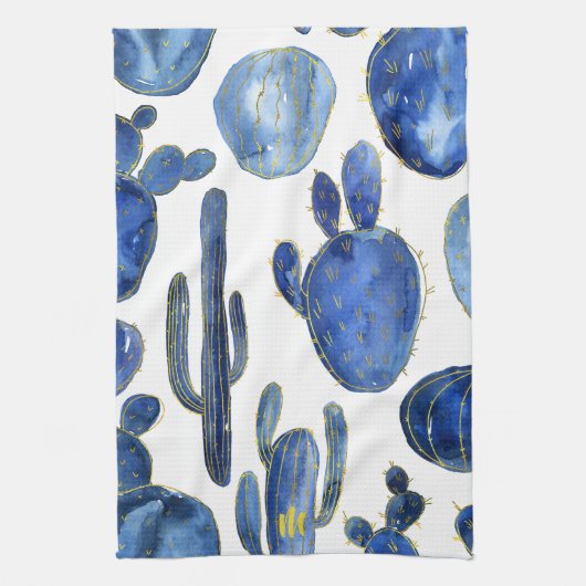 Linge De Cuisine Blue Cactus Art Desert Chic Gold INITIAL Fun (Vertical)