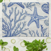 Linge De Cuisine Blue Coastal Toile Seashell Coral Pattern (Plié)