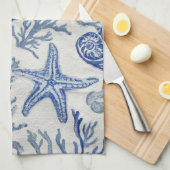 Linge De Cuisine Blue Coastal Toile Seashell Coral Pattern (Quart Plié)