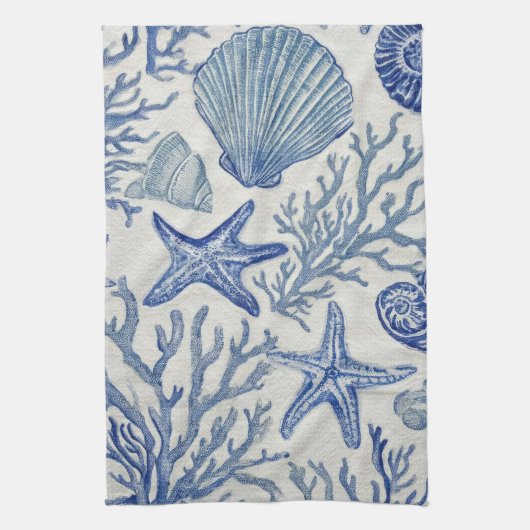 Linge De Cuisine Blue Coastal Toile Seashell Coral Pattern (Vertical)