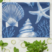 Linge De Cuisine Blue Coastal Toile Seashell Coral Pattern (2) (Plié)
