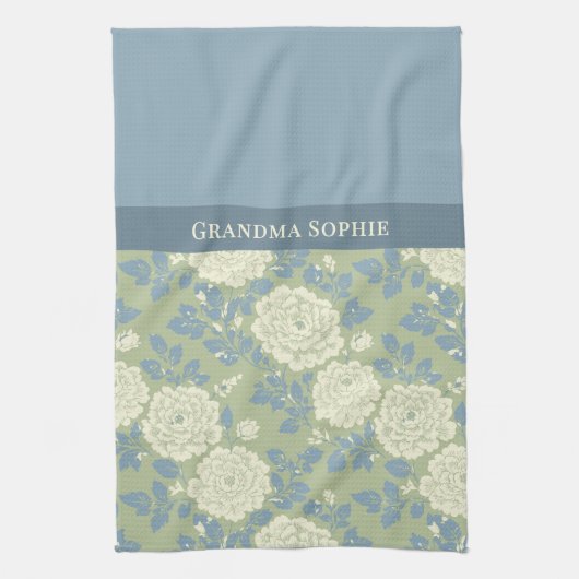 Linge De Cuisine Blue Green Floral Block Print (Vertical)