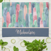 Linge De Cuisine Blue Green Peach Aquarelle Cactus Motif (Plié)
