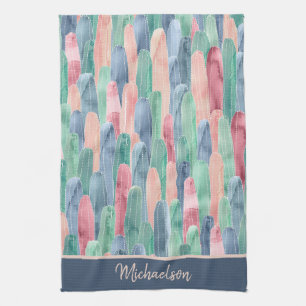 Linge De Cuisine Blue Green Peach Aquarelle Cactus Motif