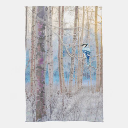 Linge De Cuisine Blue Grey Blue Jay Oiseaux Forêt Arbres Art (Vertical)