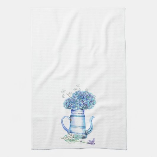 Linge De Cuisine Blue Hydrangea Teapot Farmhouse Pastel Floral (Vertical)