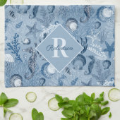Linge De Cuisine Blue Ocean Sea Life Beach Monogramme (Plié)