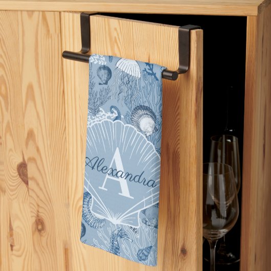 Linge De Cuisine Blue Ocean Sea Life Monogram Kitchen Towel (Pliage en tiers)