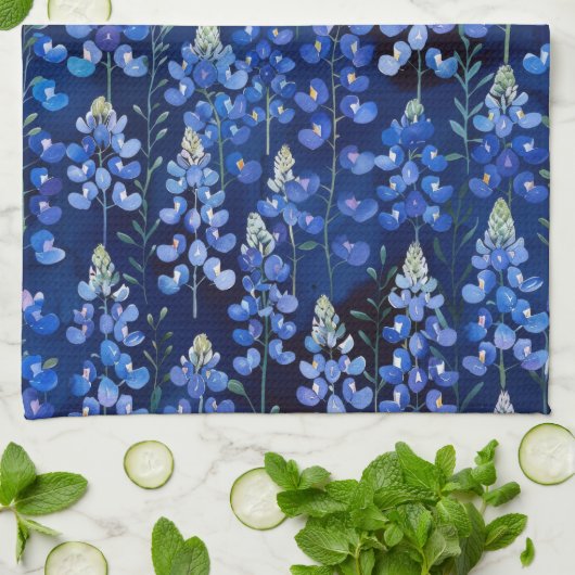 Linge De Cuisine Bluebonnets - Fleurs Texas Bleu foncé (Plié)