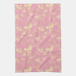 Linge De Cuisine Blush Ginkgo Luxe – Botanique dorée sur fond rose