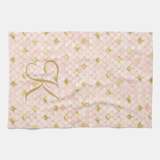Linge De Cuisine Blush rose et or Mermaid Scales écriture Monogramm (Horizontal)