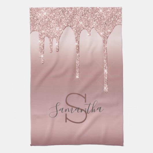 Linge De Cuisine Blush Rose Pailleté Foncé Monogramme Tendance (Vertical)