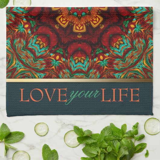 Linge De Cuisine Bohème Mandala Gold+Serviette de devis Turquoise (Plié)