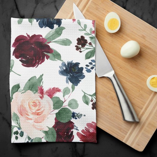 Linge De Cuisine Boho Bloom | Burgundy Rouge et bleu marine Motif