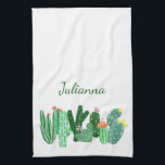 Linge De Cuisine Boho Cactus peinture en vert Nom personnalisé<br><div class="desc">Cette serviette de cuisine design présente un tableau simple,  moderne et mignon d'une rangée de cactus du désert en vert avec de jolies fleurs roses dans un style boho fantaisiste. Personnalisez-le avec votre nom. Super idée cadeau !</div>