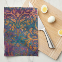 Boho damask élégant violet bleu or