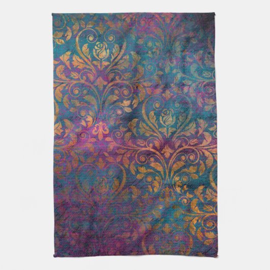 Linge De Cuisine Boho damask élégant violet bleu or (Vertical)