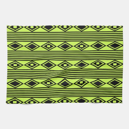 Linge De Cuisine Boho Diamonds Stripes Black Chartreuse (Horizontal)
