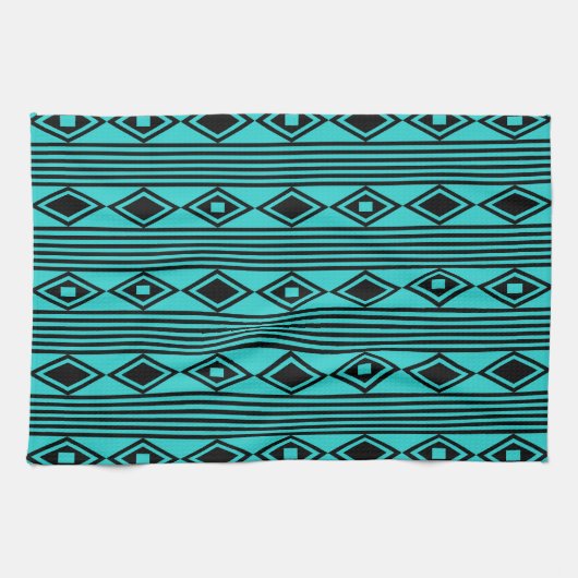 Linge De Cuisine Boho Diamonds Stripes Black Turquoise (Horizontal)