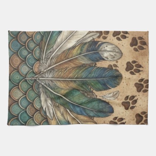 Linge De Cuisine Boho Feather & Empreintes de Patte Imprimés Animal (Horizontal)