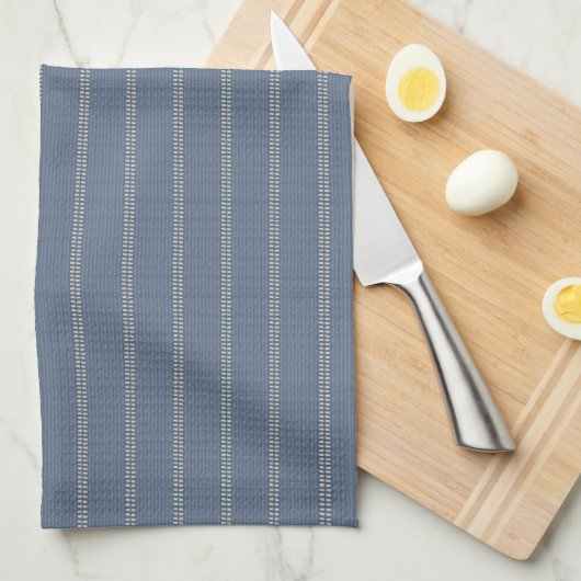 Linge De Cuisine Boho géo lignes simples beige denim bleu rustique (Quart Plié)