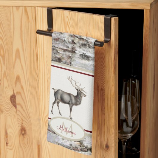 Linge De Cuisine Bois rustique Elk / Reindeer Famille Monogramme ta (Pliage en tiers)