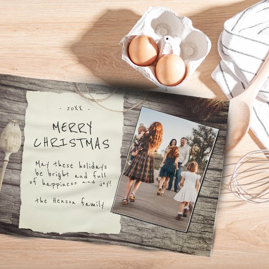 Linge De Cuisine Bois rustique Vieux papier Script de Noël Photo