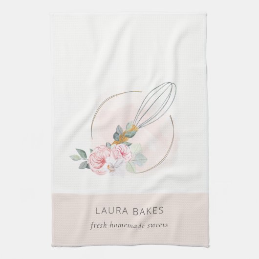 Linge De Cuisine Bois Whisk Blush Aquarelle Floral Chef Logo (Vertical)
