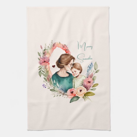 Linge De Cuisine Bond adorable maman et fille - Cadre floral (4) (Vertical)