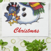 Linge De Cuisine Bonhomme de neige et oiseau bleu mignons (Plié)