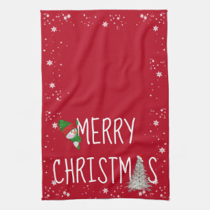 Linge De Cuisine Bonhomme de neige joyeux Noël sur fond rouge