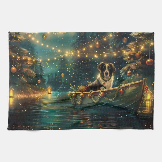 Linge De Cuisine Bordure Collie Noël Festive Voyage (Horizontal)