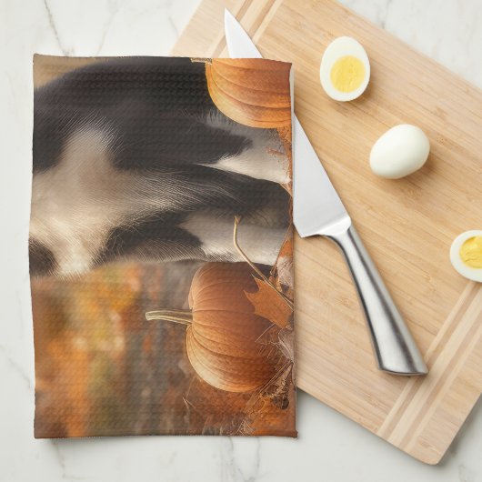 Linge De Cuisine Bordure Collie Puppy Automne Citrouille de plaisir (Quart Plié)