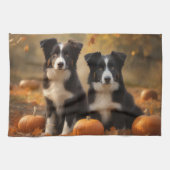 Linge De Cuisine Bordure Collie Puppy Automne Citrouille de plaisir (Horizontal)