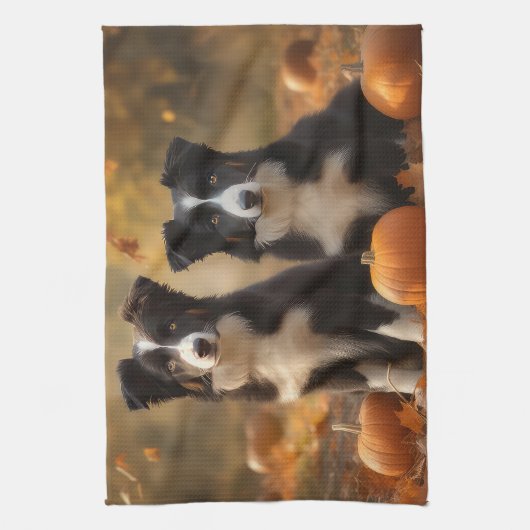 Linge De Cuisine Bordure Collie Puppy Automne Citrouille de plaisir (Vertical)