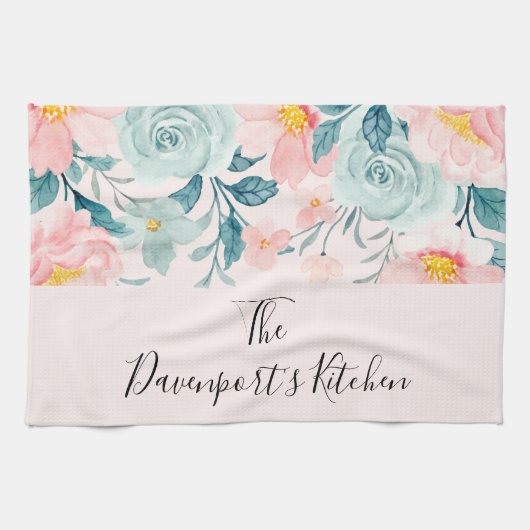 Linge De Cuisine Bordure florale rose et verte (Horizontal)