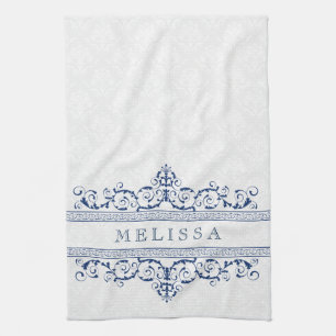 Linge De Cuisine Bordure Vintage florale bleu marine