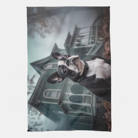 Linge De Cuisine Boston Terrier Halloween effrayant (Vertical)