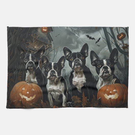Linge De Cuisine Boston Terrier Halloween nuit chien délice (Horizontal)