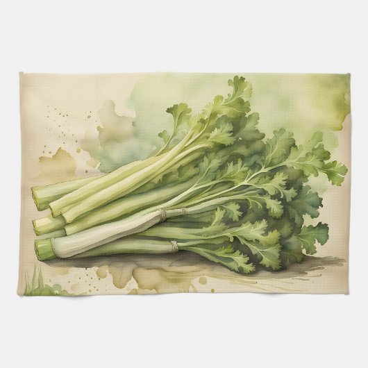Linge De Cuisine Bouquet de Céleri Frais Aquarelle (Horizontal)