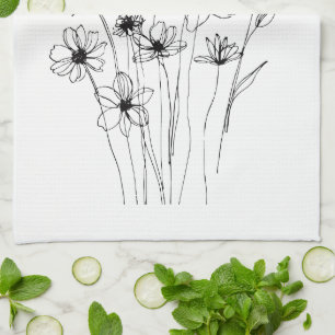 Linge De Cuisine Bouquet Floral Élégant en Dessin au Trait