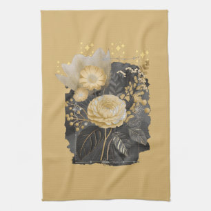 Linge De Cuisine Bouquet floral magique doré dans un cadre argenté