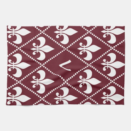 Linge De Cuisine Bourgogne Fleur de Lis avec monogramme initial (Horizontal)